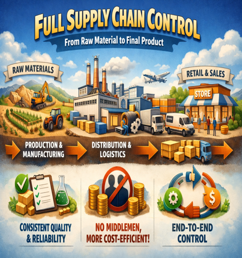 Full Supply Chain Control From sourcing to delivery, we maintain complete control over the supply chain.